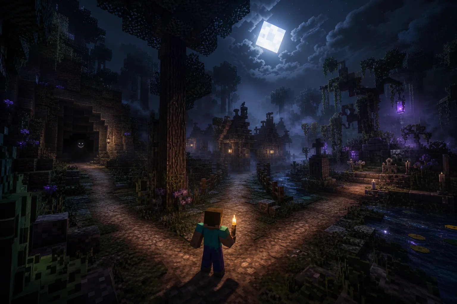 Editorial voxel illustration of three Minecraft horror modpack paths