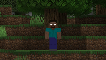 Cena oficial de Cave Horror Project com figura semelhante a Herobrine em floresta do Minecraft