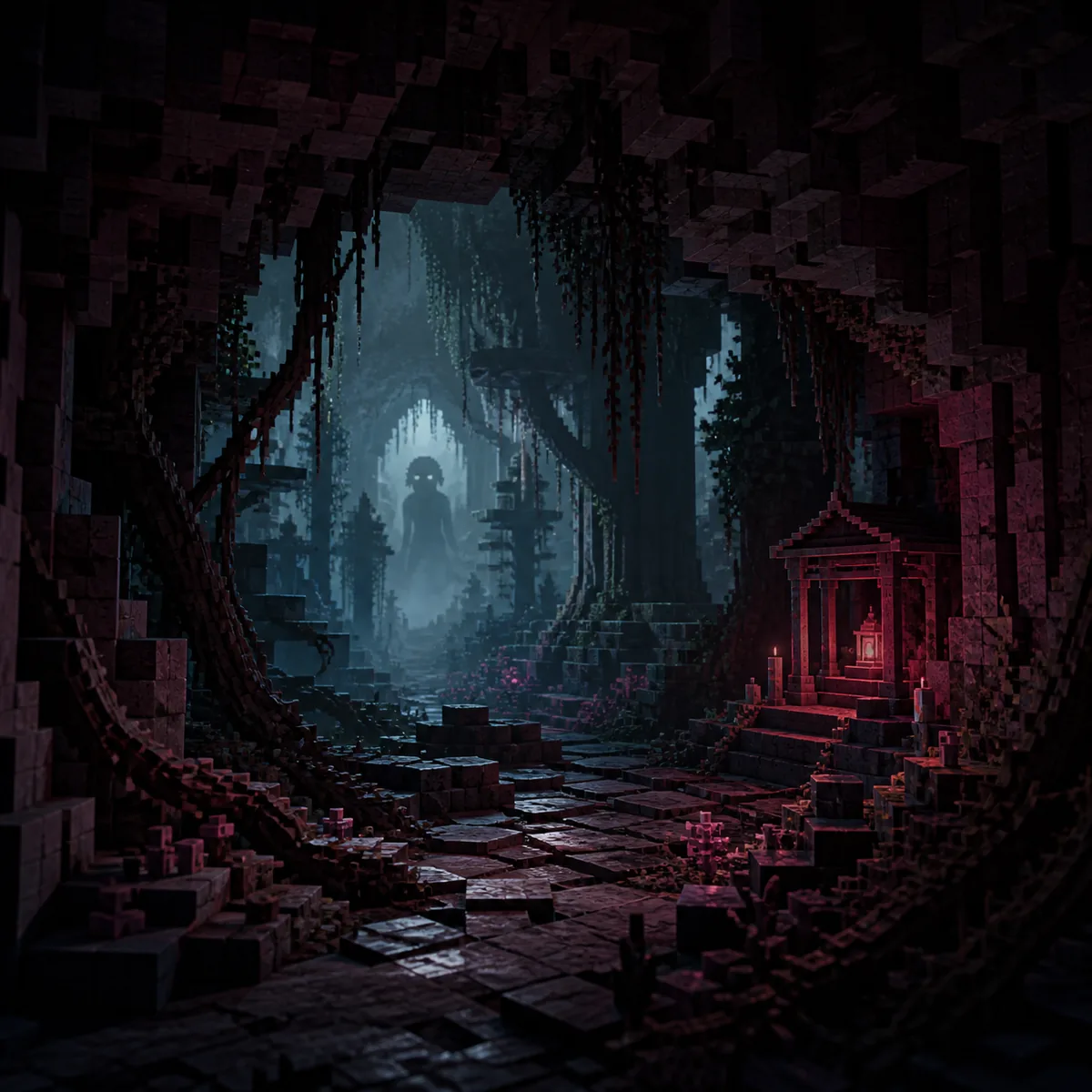 Ilustración editorial independiente de una cueva de bloques con varios ambientes de terror para Fabric