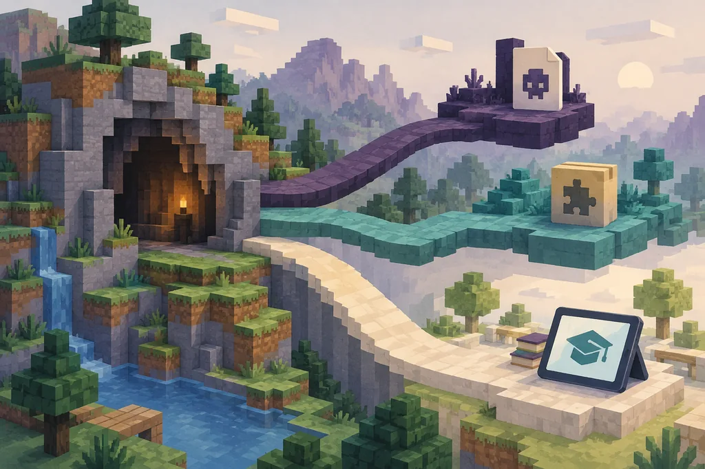 Redaktionelle Illustration mit getrennten Kompatibilitätswegen für Java, Bedrock und Minecraft Education